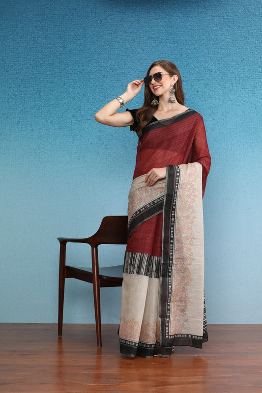 Maroon Silk Cotton Digital Print Solid Saree with Unstitched Blouse - Hiral Fashion