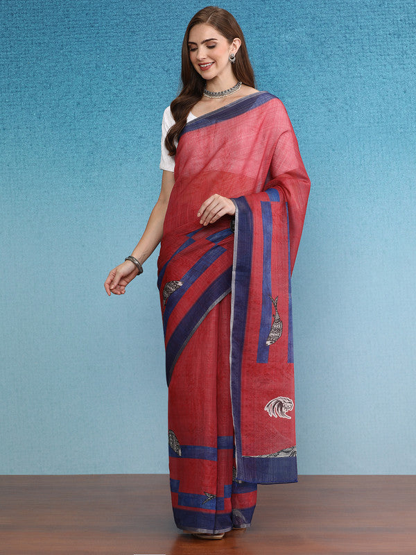 Red Silk Cotton Digital Print Solid Saree with Unstitched Blouse - Hiral Fashion