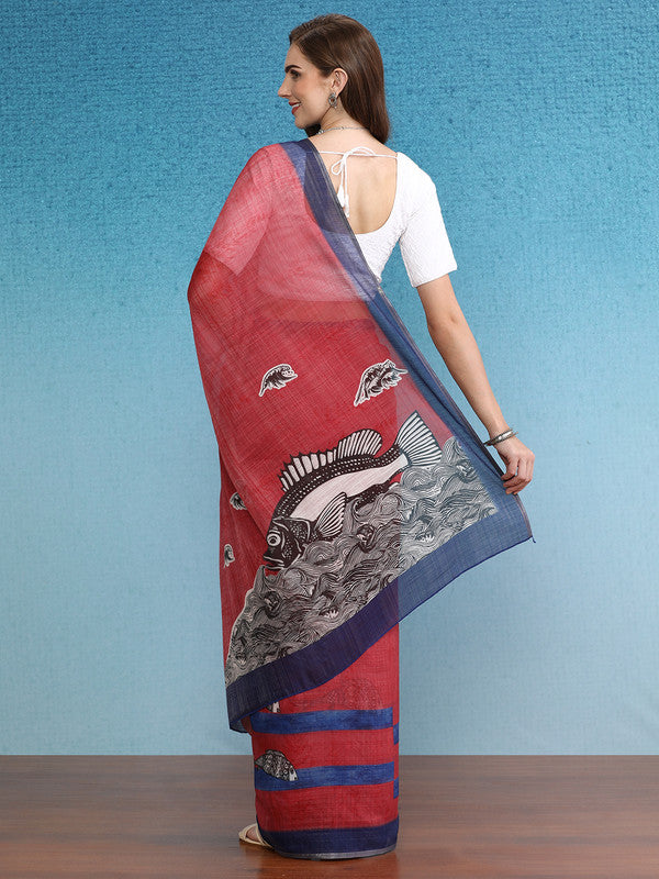 Red Silk Cotton Digital Print Solid Saree with Unstitched Blouse - Hiral Fashion