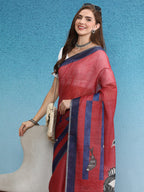 Red Silk Cotton Digital Print Solid Saree with Unstitched Blouse - Hiral Fashion