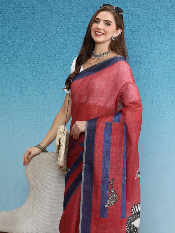 Red Silk Cotton Digital Print Solid Saree with Unstitched Blouse - Hiral Fashion