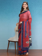 Red Silk Cotton Digital Print Solid Saree with Unstitched Blouse - Hiral Fashion
