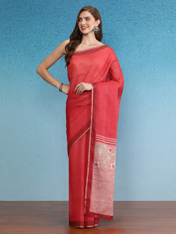 Red Silk Cotton Digital Print Solid Saree with Unstitched Blouse - Hiral Fashion