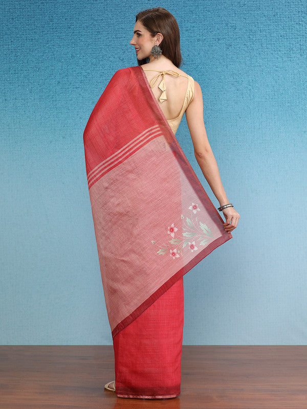 Red Silk Cotton Digital Print Solid Saree with Unstitched Blouse - Hiral Fashion