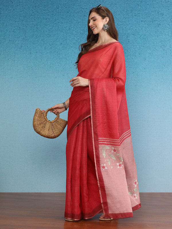 Red Silk Cotton Digital Print Solid Saree with Unstitched Blouse - Hiral Fashion