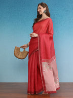 Red Silk Cotton Digital Print Solid Saree with Unstitched Blouse - Hiral Fashion