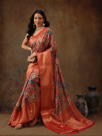 Multicolor Kanjeevaram Silk Digital Print Kalamkari Saree with Unstitched Blouse - Hiral Fashion