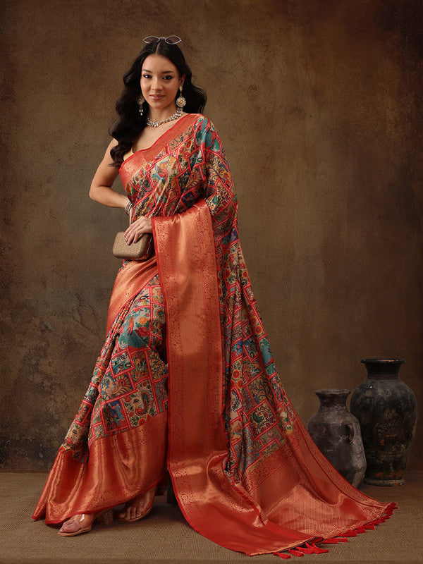 Multicolor Kanjeevaram Silk Digital Print Kalamkari Saree with Unstitched Blouse - Hiral Fashion