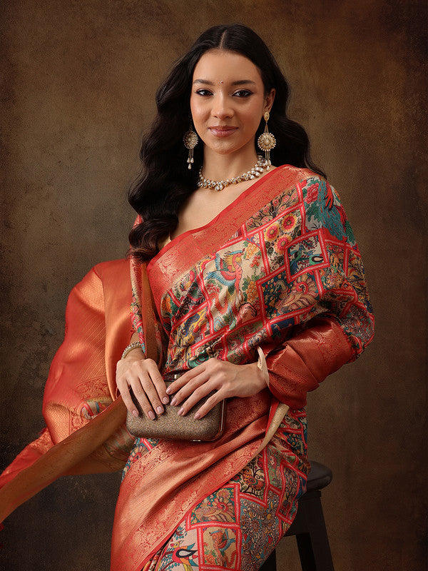 Multicolor Kanjeevaram Silk Digital Print Kalamkari Saree with Unstitched Blouse - Hiral Fashion
