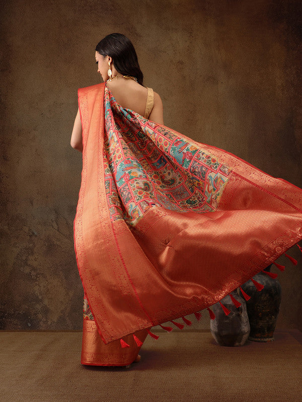 Multicolor Kanjeevaram Silk Digital Print Kalamkari Saree with Unstitched Blouse - Hiral Fashion