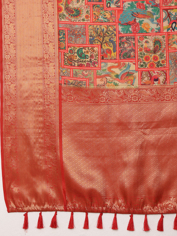 Multicolor Kanjeevaram Silk Digital Print Kalamkari Saree with Unstitched Blouse - Hiral Fashion
