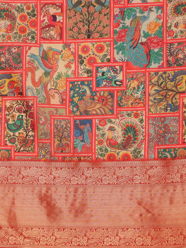 Multicolor Kanjeevaram Silk Digital Print Kalamkari Saree with Unstitched Blouse - Hiral Fashion