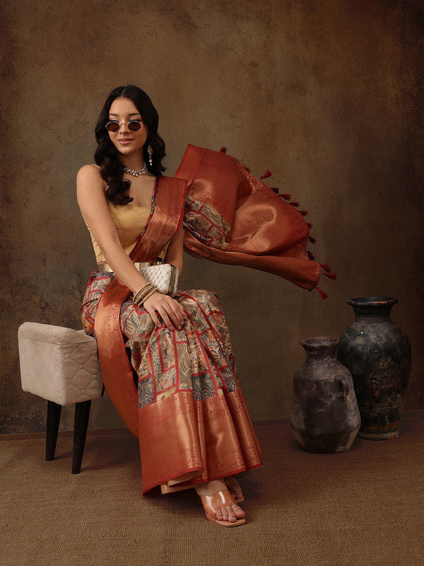 Multicolor Kanjeevaram Silk Digital Print Kalamkari Saree with Unstitched Blouse - Hiral Fashion