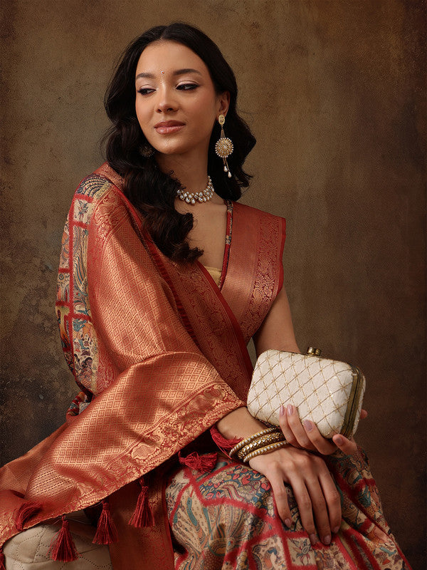 Multicolor Kanjeevaram Silk Digital Print Kalamkari Saree with Unstitched Blouse - Hiral Fashion