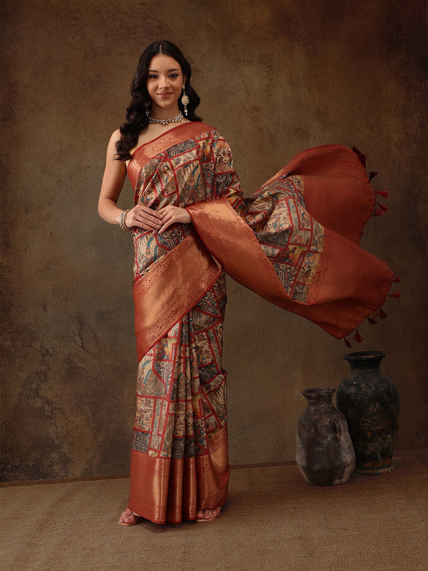 Multicolor Kanjeevaram Silk Digital Print Kalamkari Saree with Unstitched Blouse - Hiral Fashion