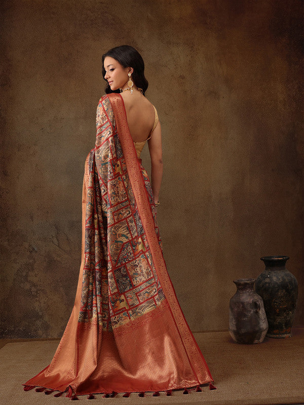 Multicolor Kanjeevaram Silk Digital Print Kalamkari Saree with Unstitched Blouse - Hiral Fashion