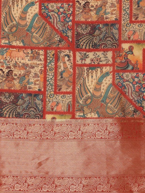 Multicolor Kanjeevaram Silk Digital Print Kalamkari Saree with Unstitched Blouse - Hiral Fashion