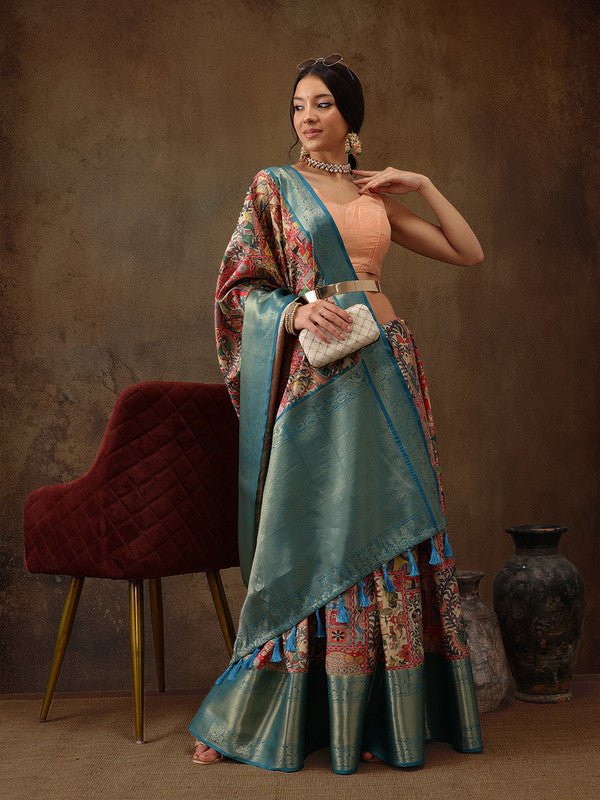 Multicolor Kanjeevaram Silk Digital Print Kalamkari Saree with Unstitched Blouse - Hiral Fashion