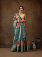 Multicolor Kanjeevaram Silk Digital Print Kalamkari Saree with Unstitched Blouse - Hiral Fashion