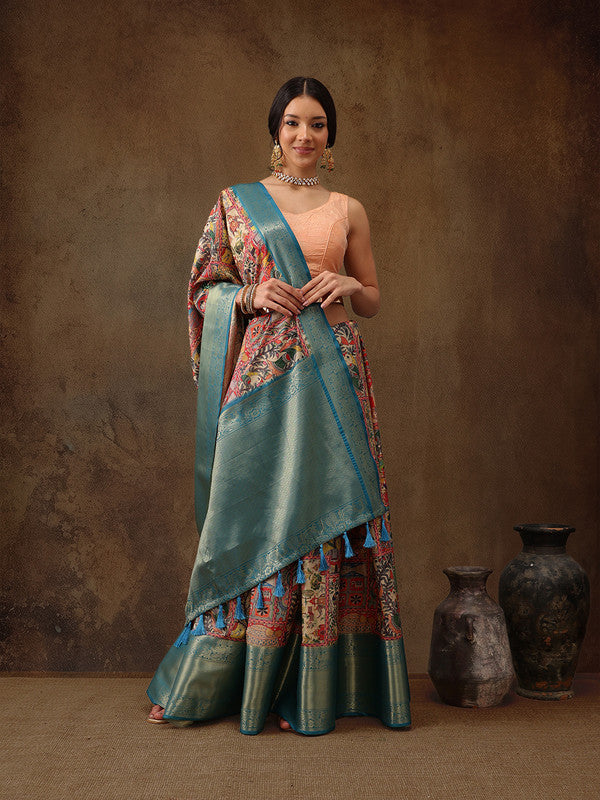 Multicolor Kanjeevaram Silk Digital Print Kalamkari Saree with Unstitched Blouse - Hiral Fashion
