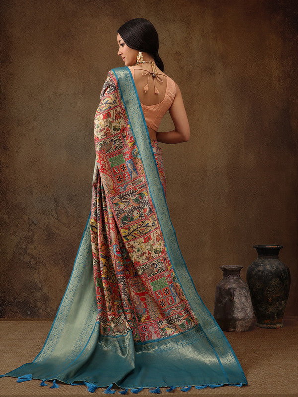 Multicolor Kanjeevaram Silk Digital Print Kalamkari Saree with Unstitched Blouse - Hiral Fashion