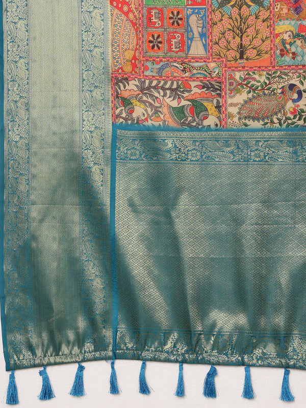 Multicolor Kanjeevaram Silk Digital Print Kalamkari Saree with Unstitched Blouse - Hiral Fashion