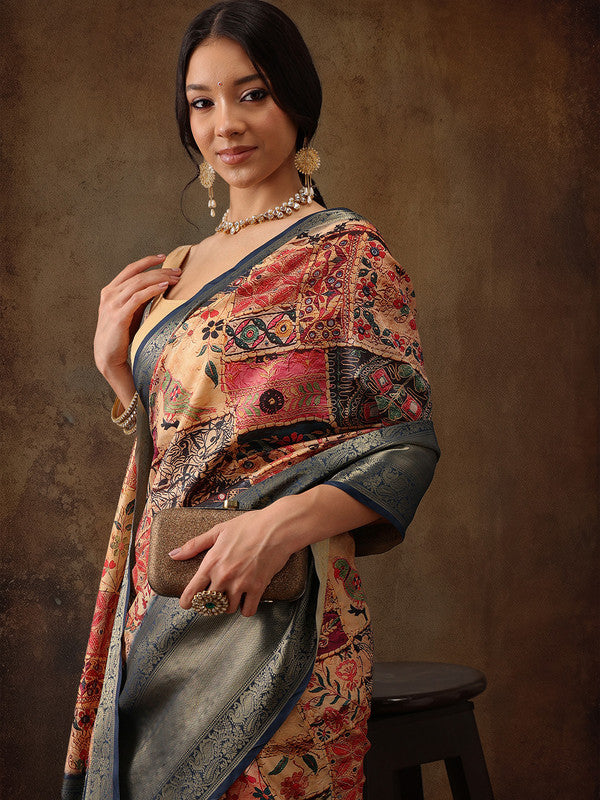 Multicolor Kanjeevaram Silk Digital Print Kalamkari Saree with Unstitched Blouse - Hiral Fashion