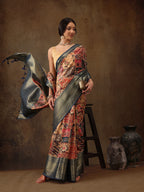 Multicolor Kanjeevaram Silk Digital Print Kalamkari Saree with Unstitched Blouse - Hiral Fashion
