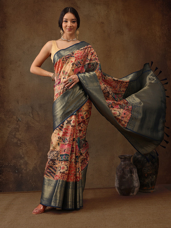 Multicolor Kanjeevaram Silk Digital Print Kalamkari Saree with Unstitched Blouse - Hiral Fashion