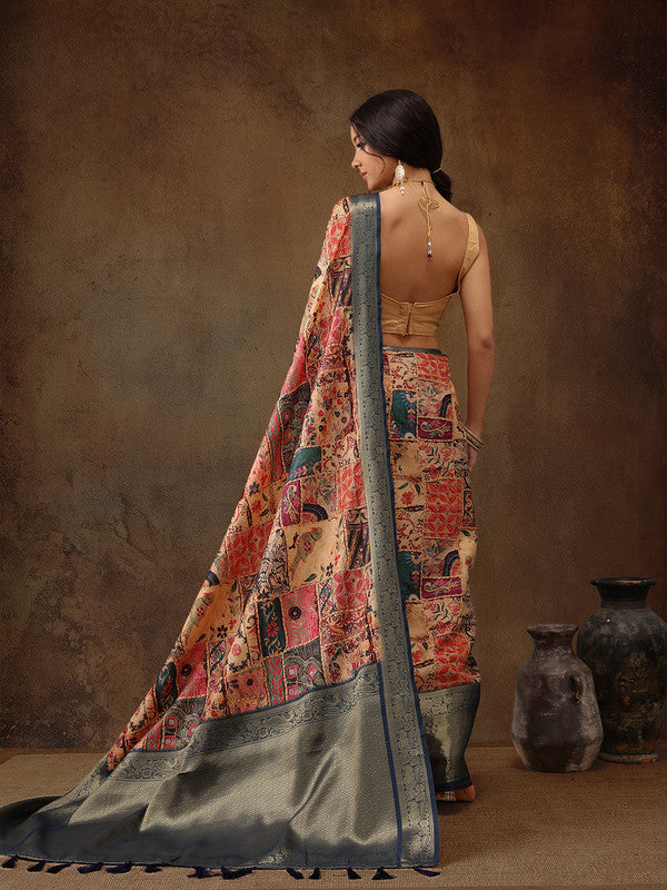 Multicolor Kanjeevaram Silk Digital Print Kalamkari Saree with Unstitched Blouse - Hiral Fashion