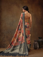 Multicolor Kanjeevaram Silk Digital Print Kalamkari Saree with Unstitched Blouse - Hiral Fashion