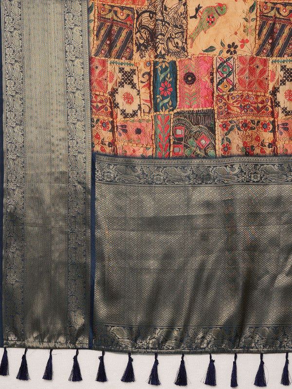 Multicolor Kanjeevaram Silk Digital Print Kalamkari Saree with Unstitched Blouse - Hiral Fashion