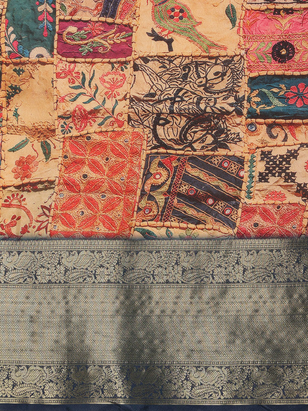 Multicolor Kanjeevaram Silk Digital Print Kalamkari Saree with Unstitched Blouse - Hiral Fashion