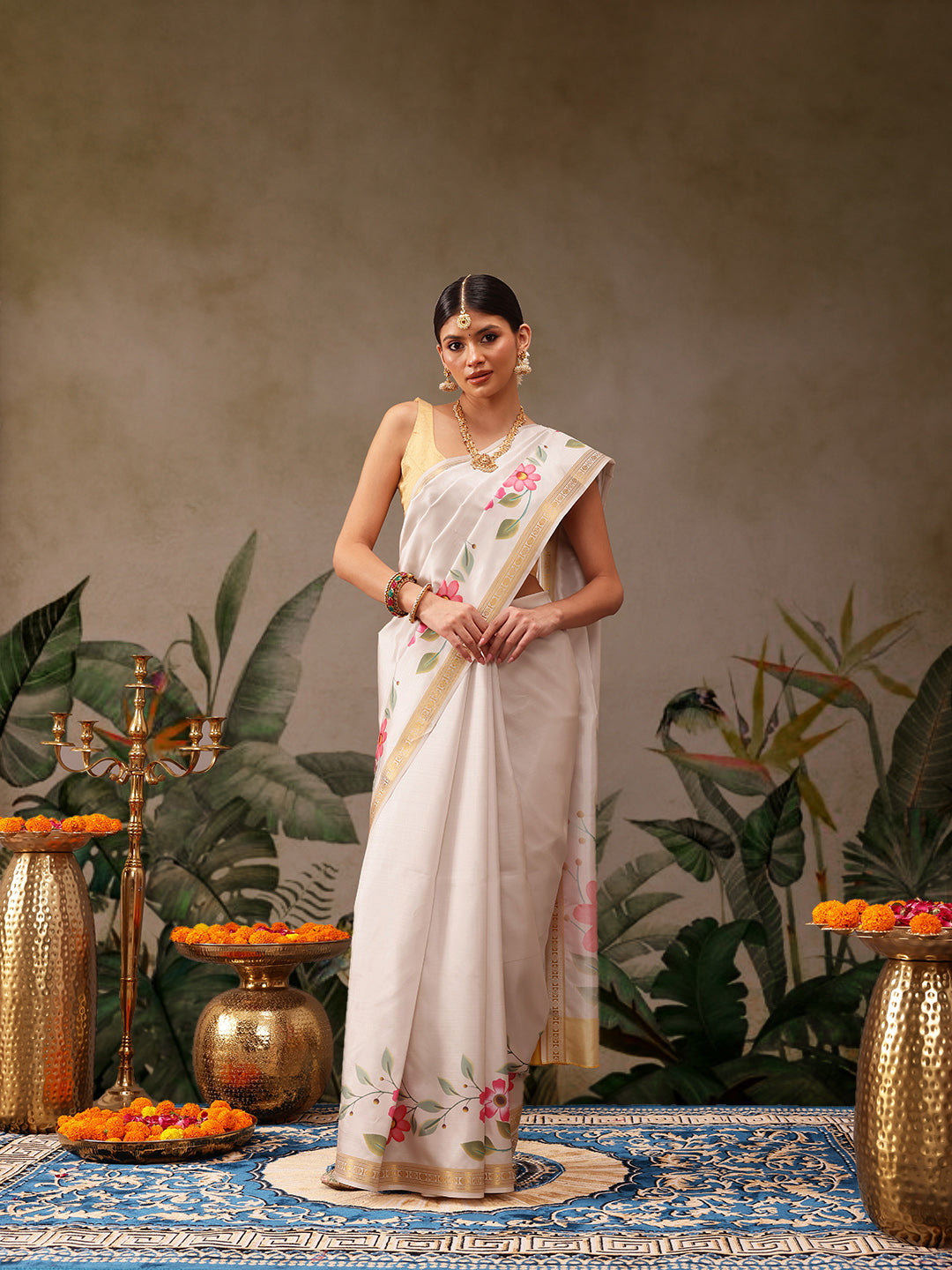 Hiral Fashion Off White Onam Art Silk Floral Digital Print Saree