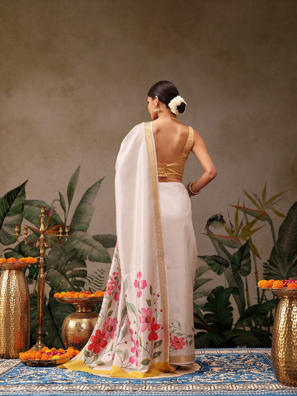 Hiral Fashion Off White Onam Art Silk Floral Digital Print Saree