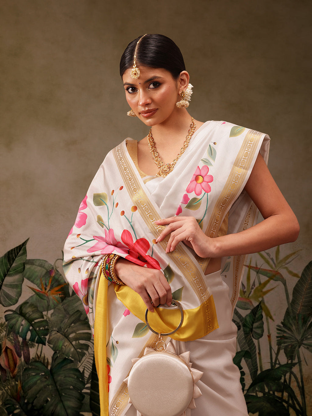 Hiral Fashion Off White Onam Art Silk Floral Digital Print Saree