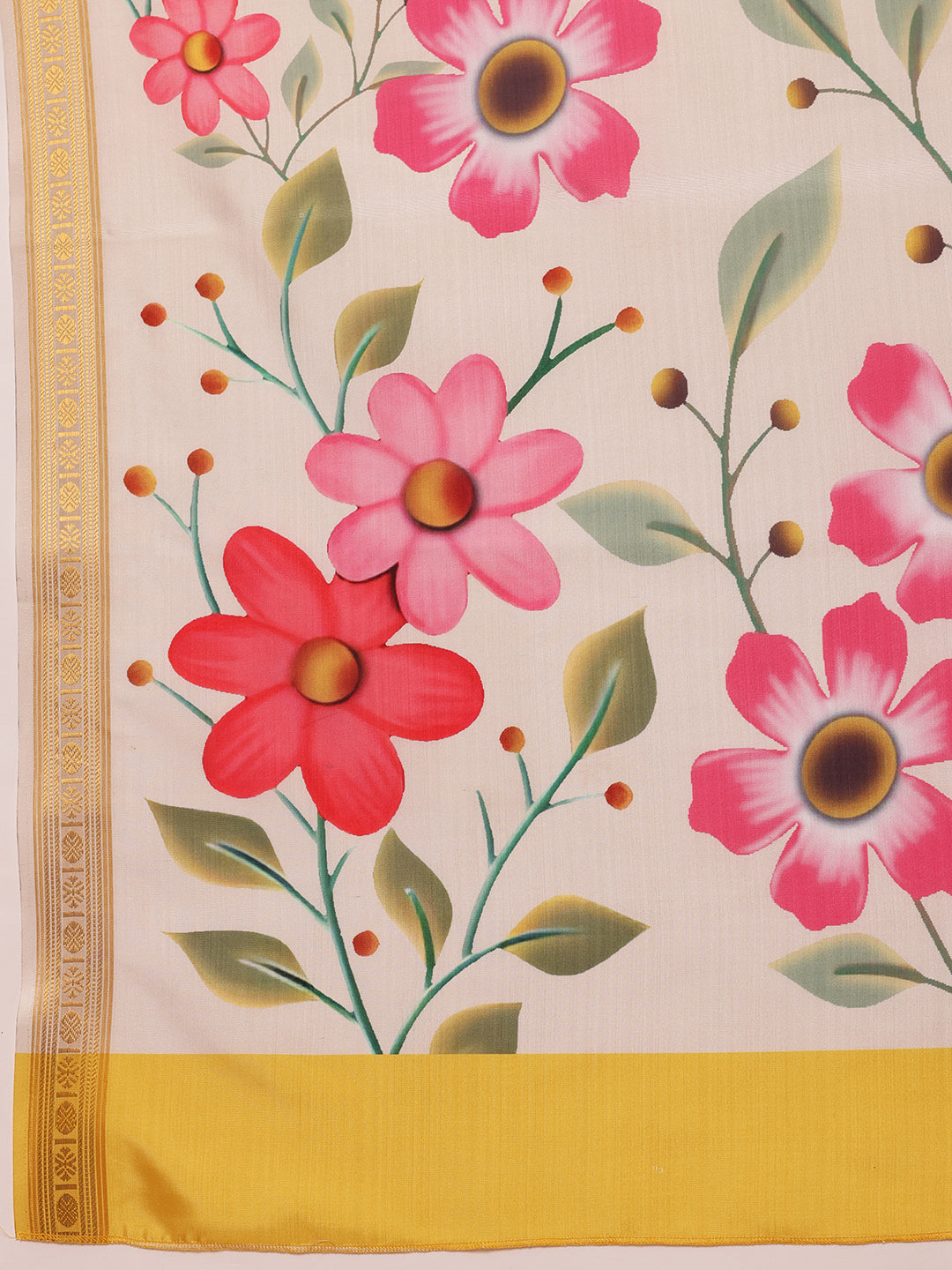 Hiral Fashion Off White Onam Art Silk Floral Digital Print Saree