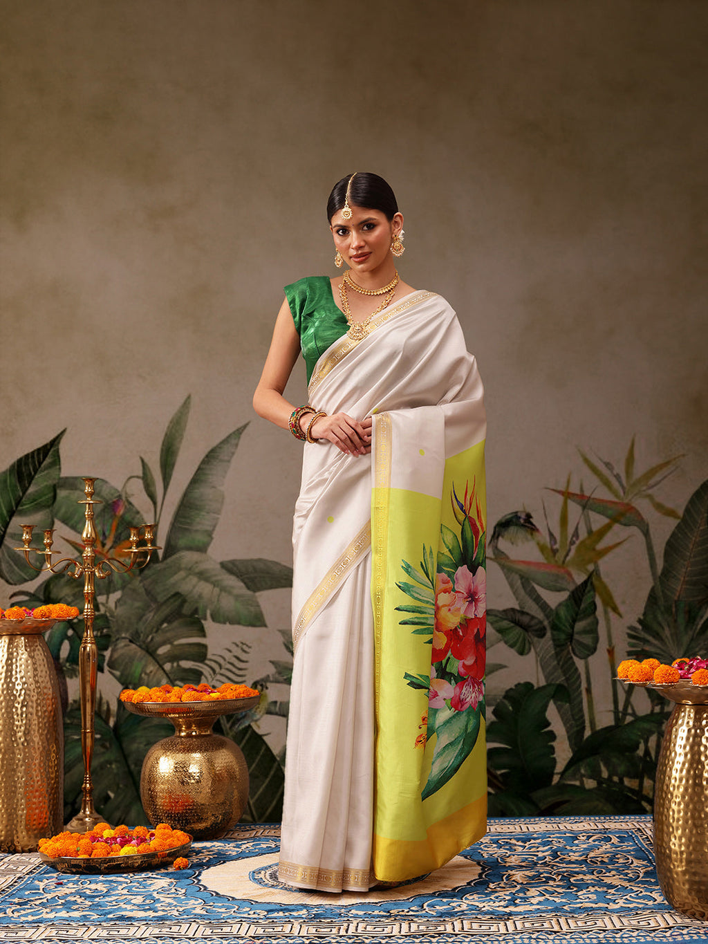 Hiral Fashion White Onam Art Silk Floral Digital Print Saree