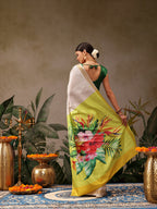 Hiral Fashion White Onam Art Silk Floral Digital Print Saree