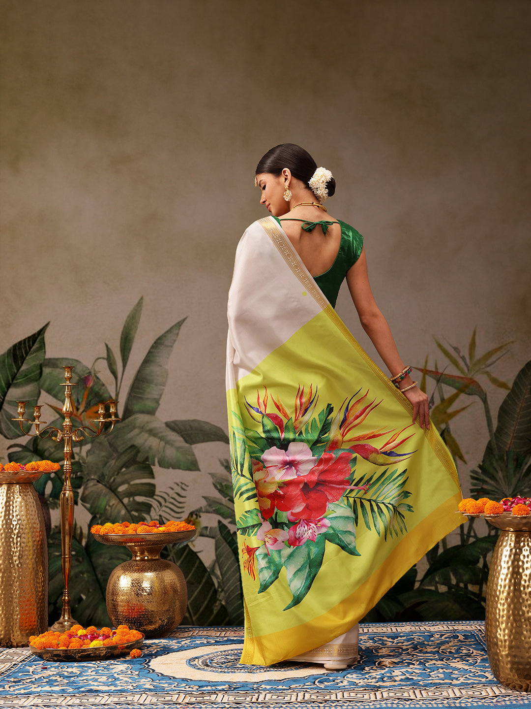 Hiral Fashion White Onam Art Silk Floral Digital Print Saree