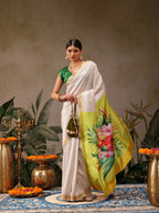 Hiral Fashion White Onam Art Silk Floral Digital Print Saree