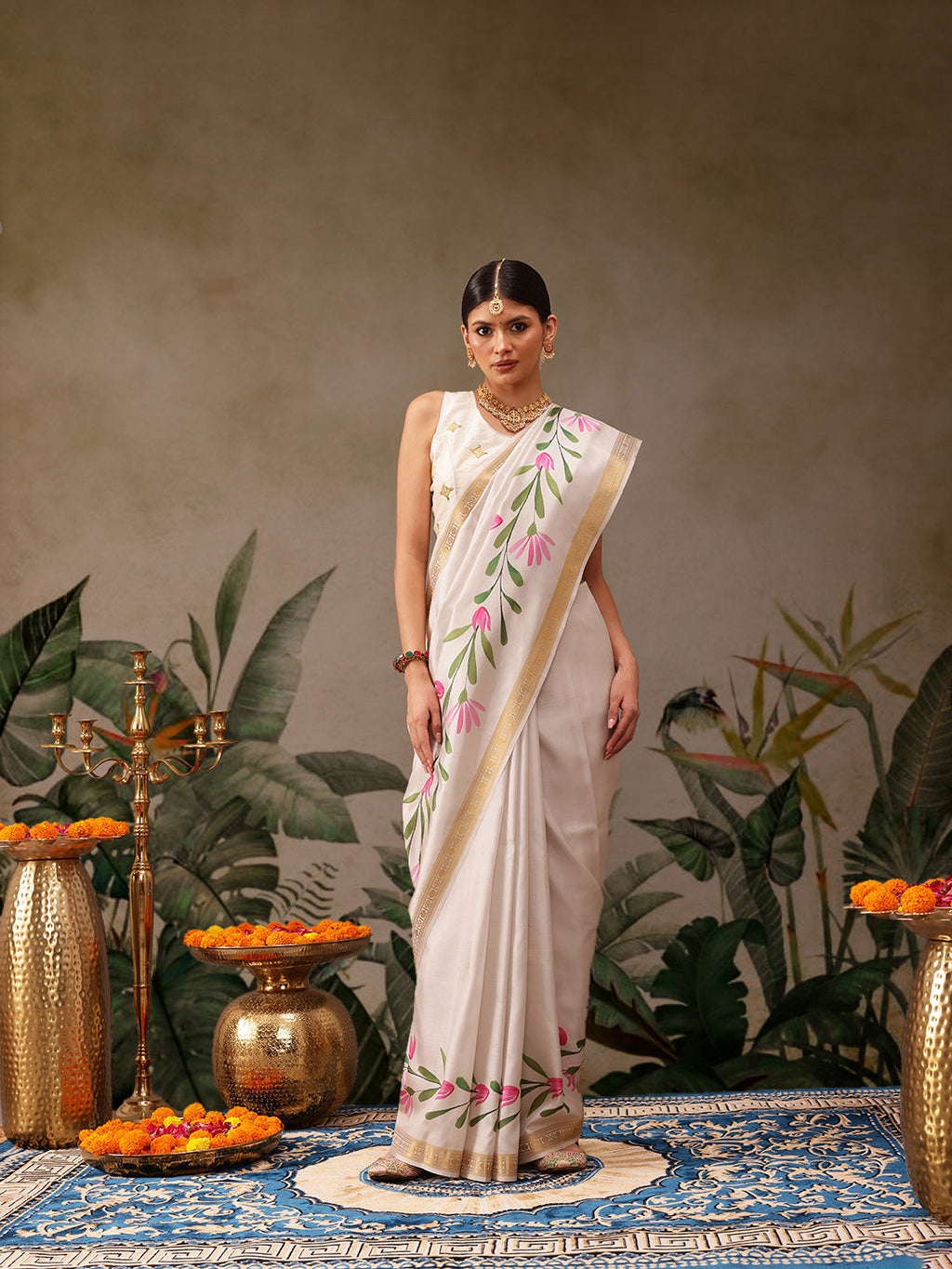 Hiral Fashion Off White Onam Art Silk Floral Digital Print Saree