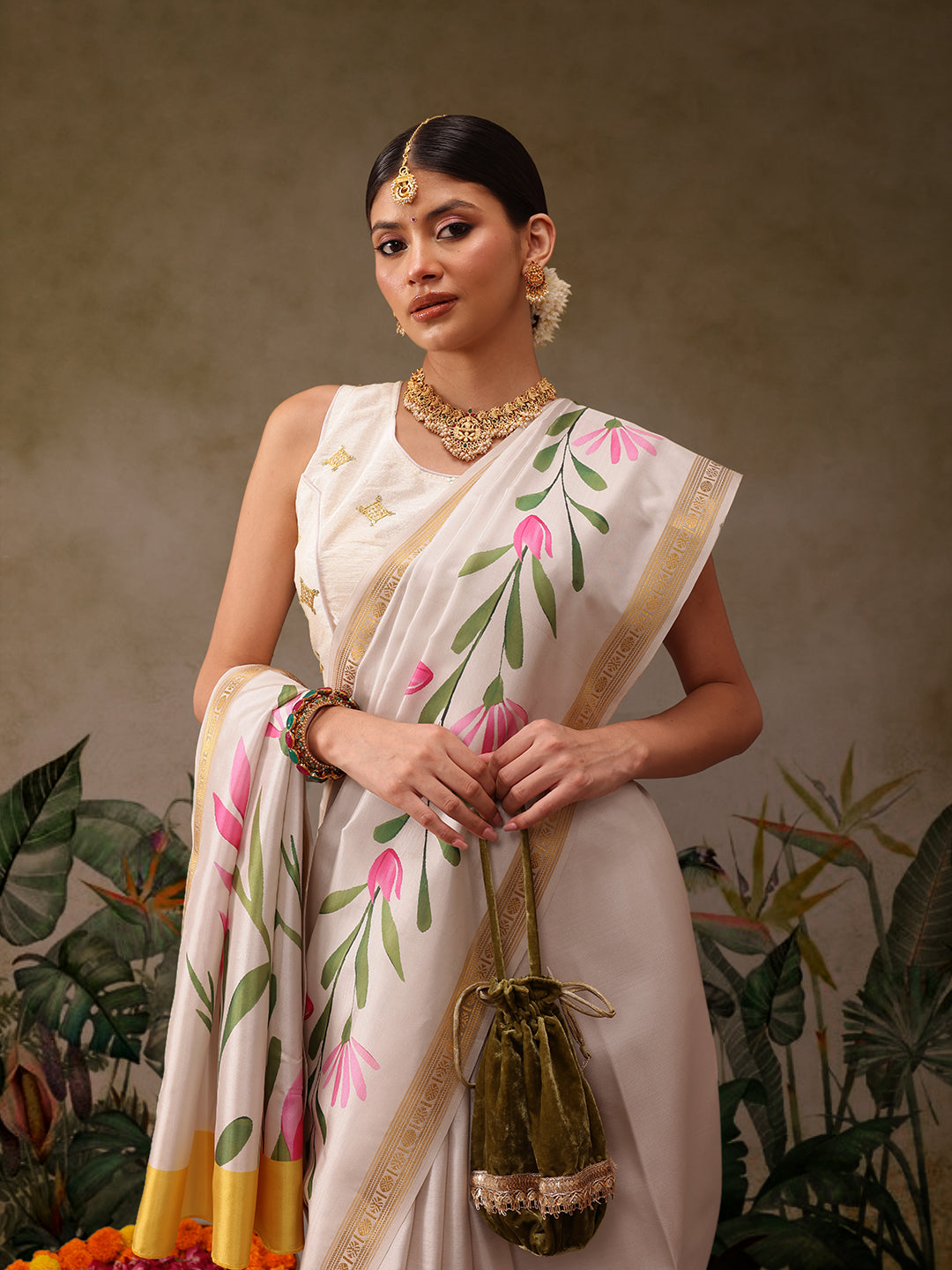 Hiral Fashion Off White Onam Art Silk Floral Digital Print Saree
