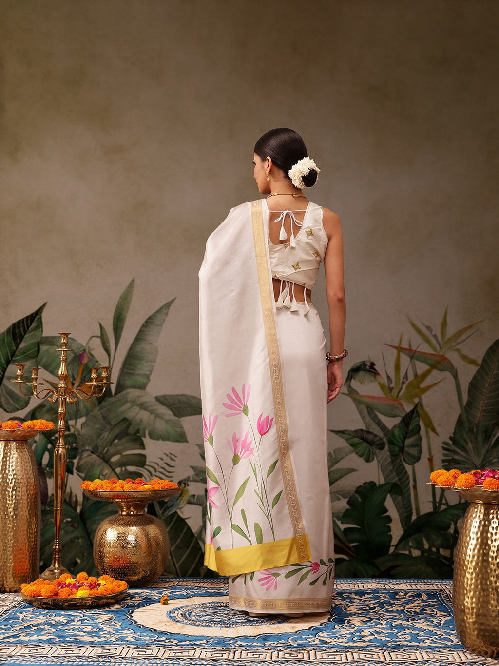 Hiral Fashion Off White Onam Art Silk Floral Digital Print Saree
