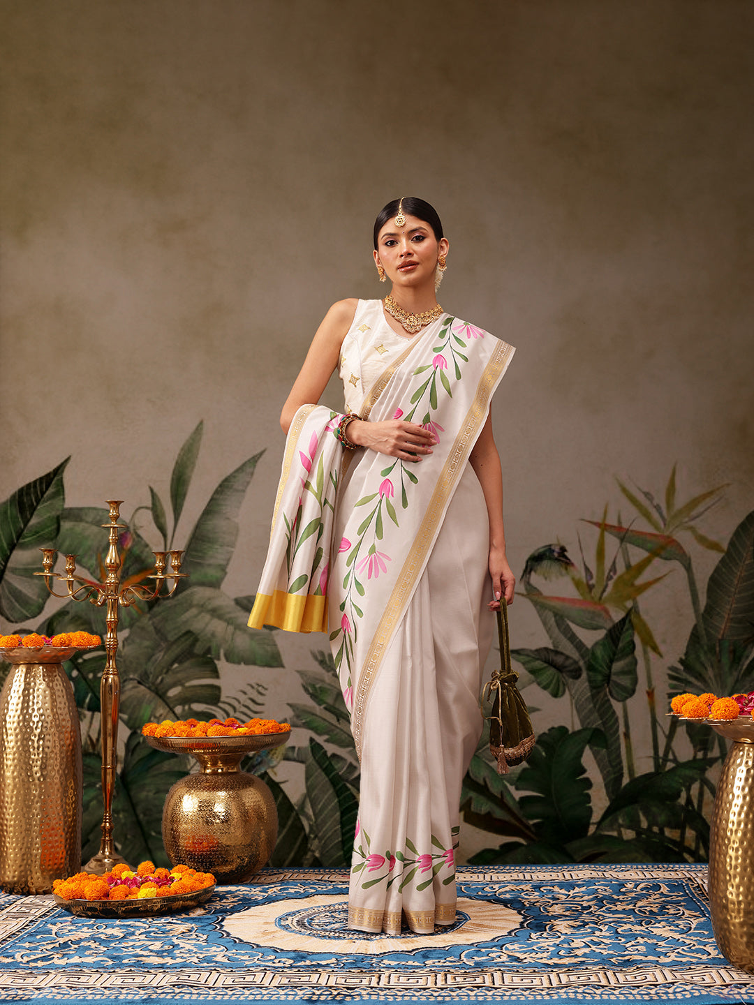 Hiral Fashion Off White Onam Art Silk Floral Digital Print Saree