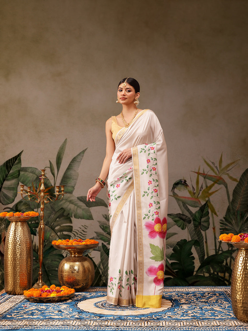 Hiral Fashion White Onam Art Silk Floral Digital Print Saree