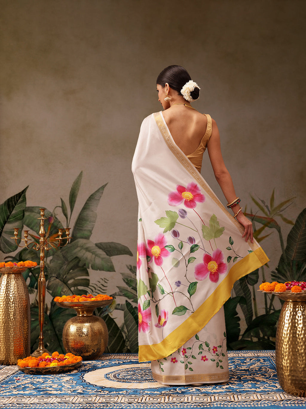Hiral Fashion White Onam Art Silk Floral Digital Print Saree