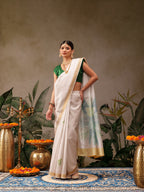 Hiral Fashion Off White Onam Art Silk Floral Digital Print Saree