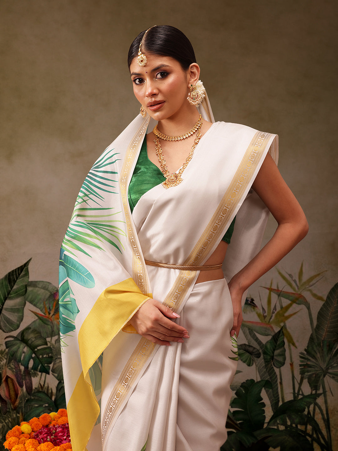 Hiral Fashion Off White Onam Art Silk Floral Digital Print Saree