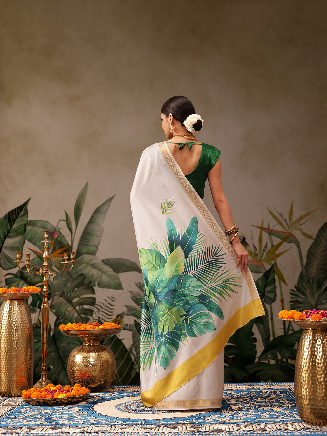 Hiral Fashion Off White Onam Art Silk Floral Digital Print Saree